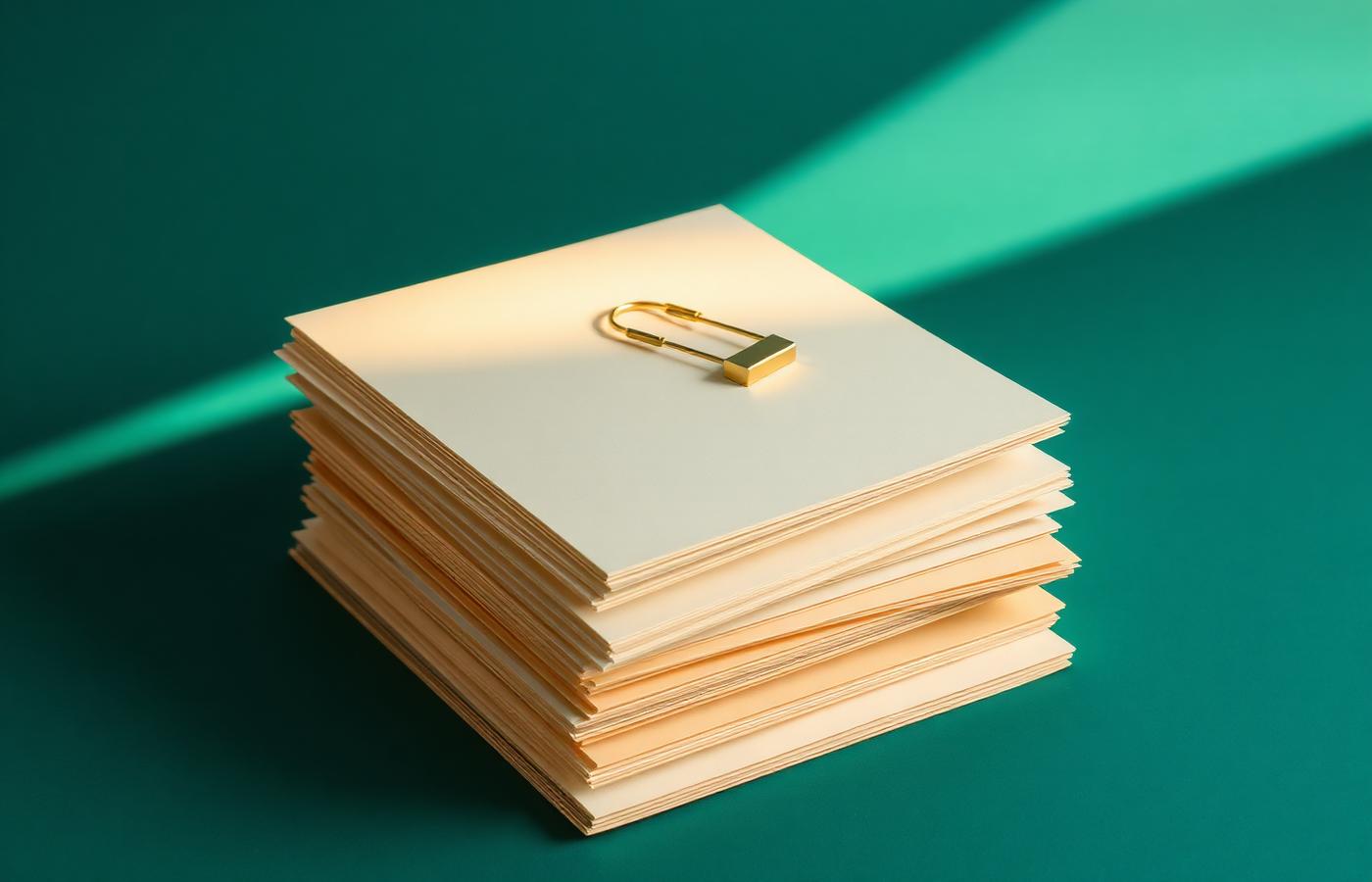 Stacked documents with brass paperclip